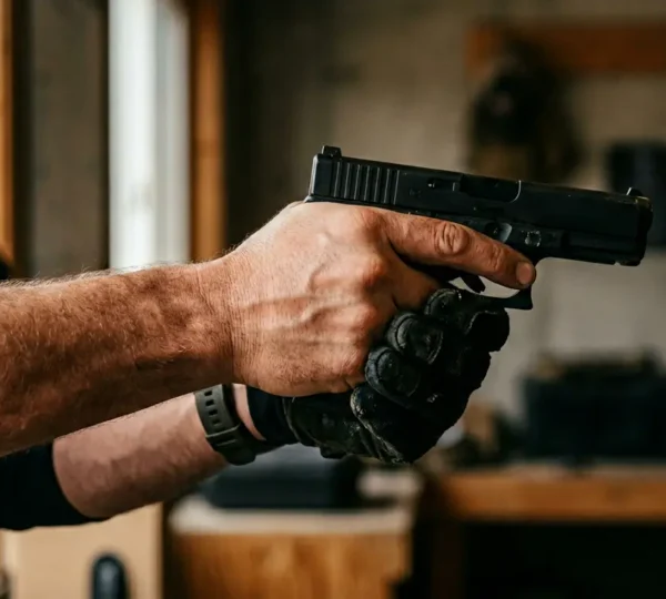 Mains tenant un pistolet moderne en position Thumbs Forward, pouces alignés vers l'avant
