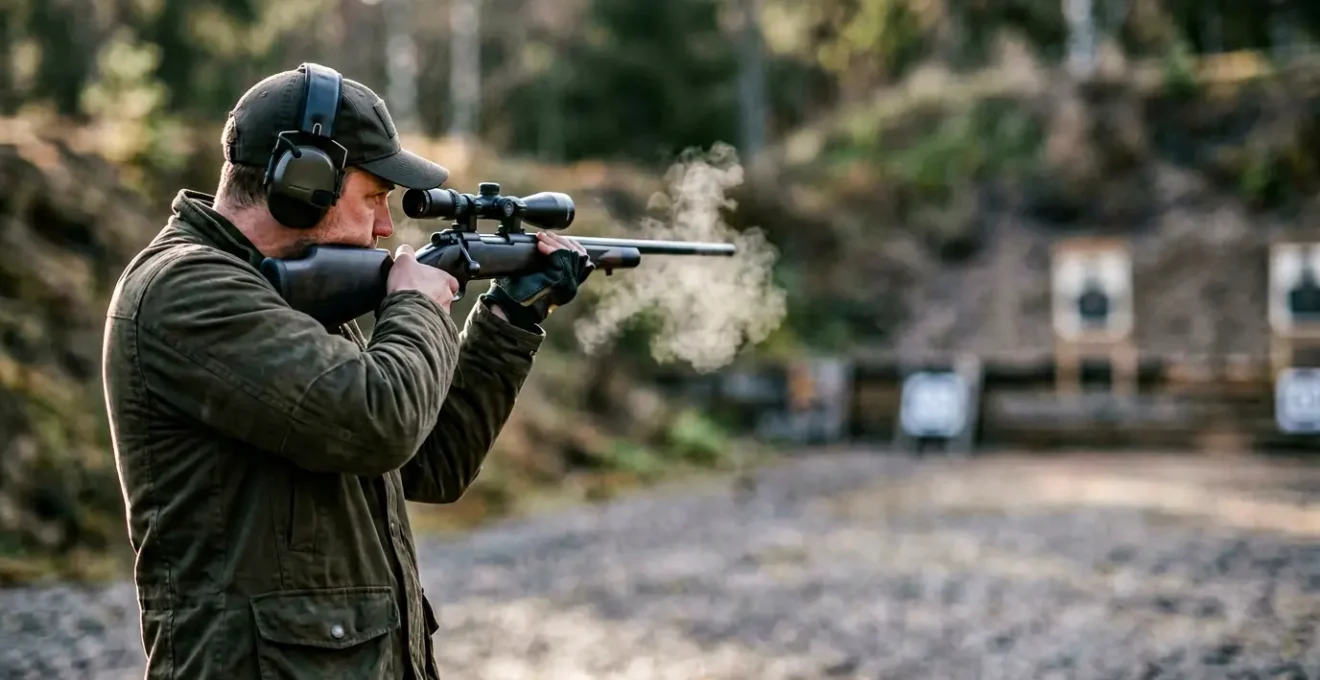 Tireur de précision en position de tir debout maîtrisant sa respiration au moment décisif