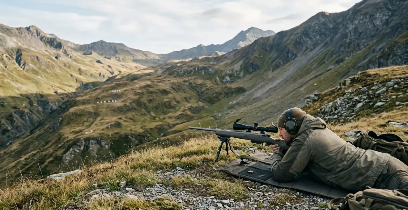 Tireur en position couchée avec carabine à verrou équipée d'une lunette de visée, visant une cible à longue distance