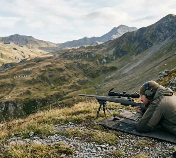 Tireur en position couchée avec carabine à verrou équipée d'une lunette de visée, visant une cible à longue distance