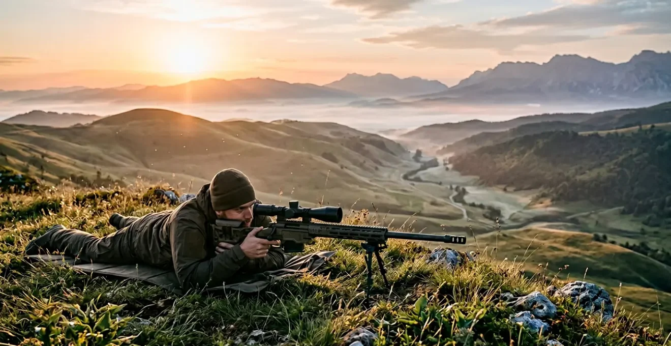 Tireur de précision en position de tir avec lunette de visée haute technologie