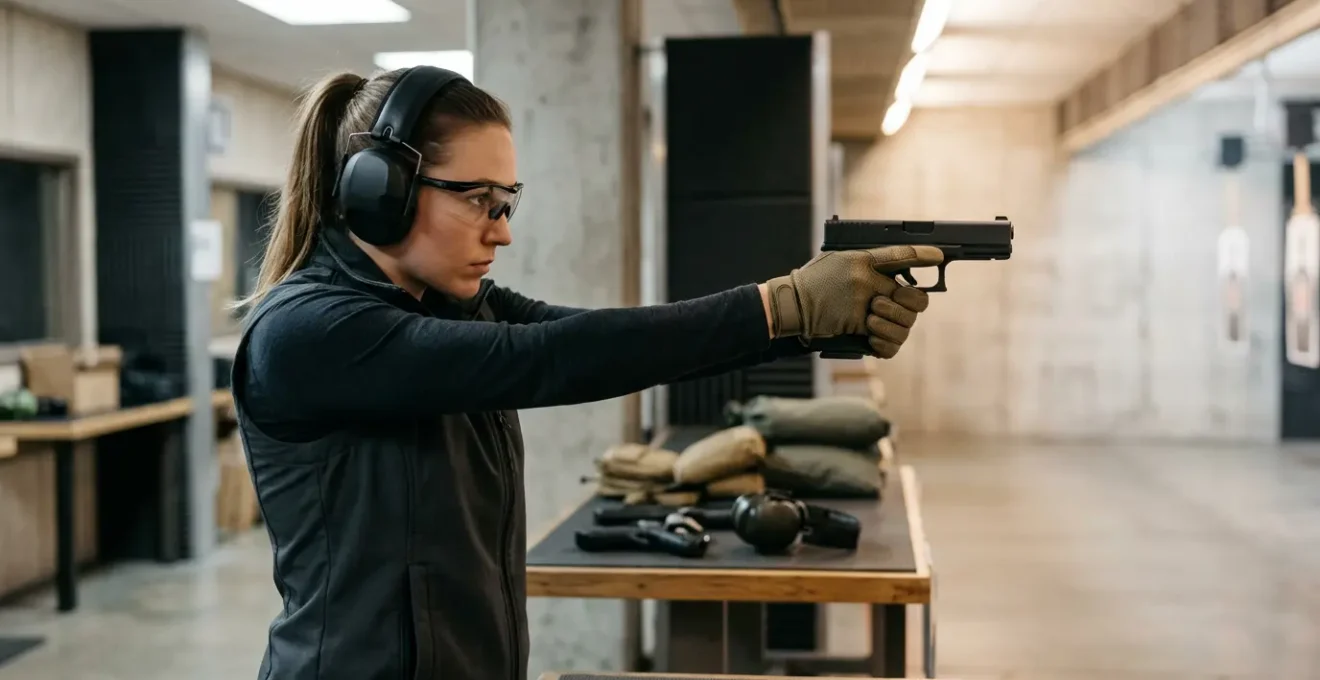 Tireur sportif concentré maintenant rigoureusement son index le long du pontet de son arme de compétition