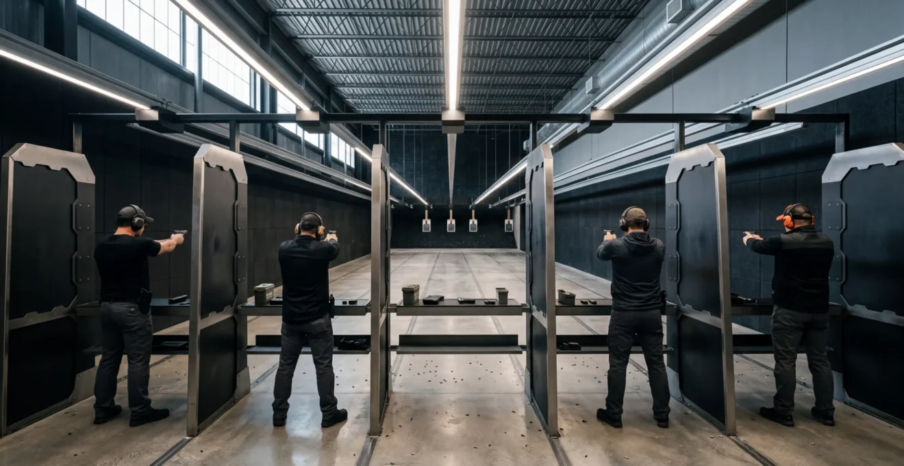 Vue panoramique d'un stand de tir intérieur moderne avec tireurs en position de pratique