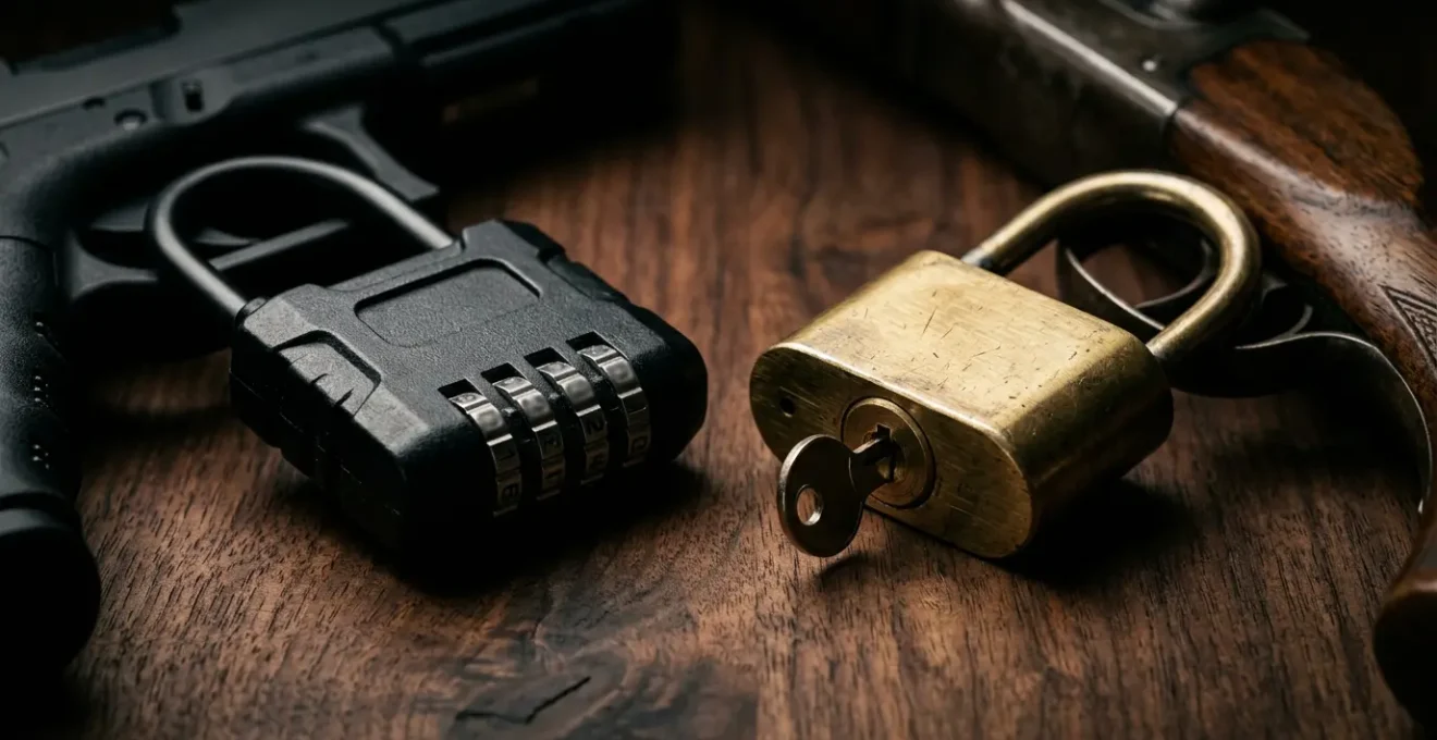 Comparaison visuelle entre verrou à code et verrou à clé pour arme sur surface de bois naturel