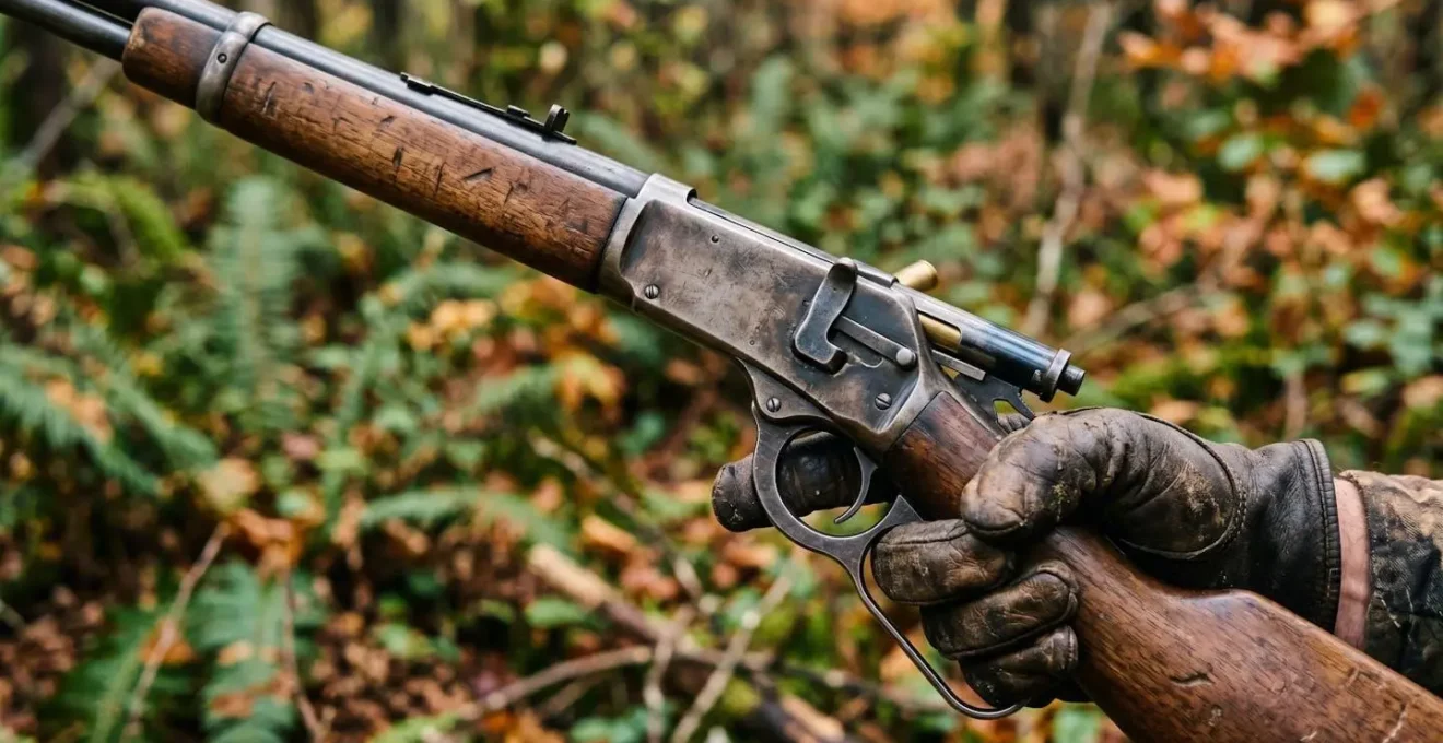 Carabine à levier de sous-garde en action de réarmement dans un environnement de chasse