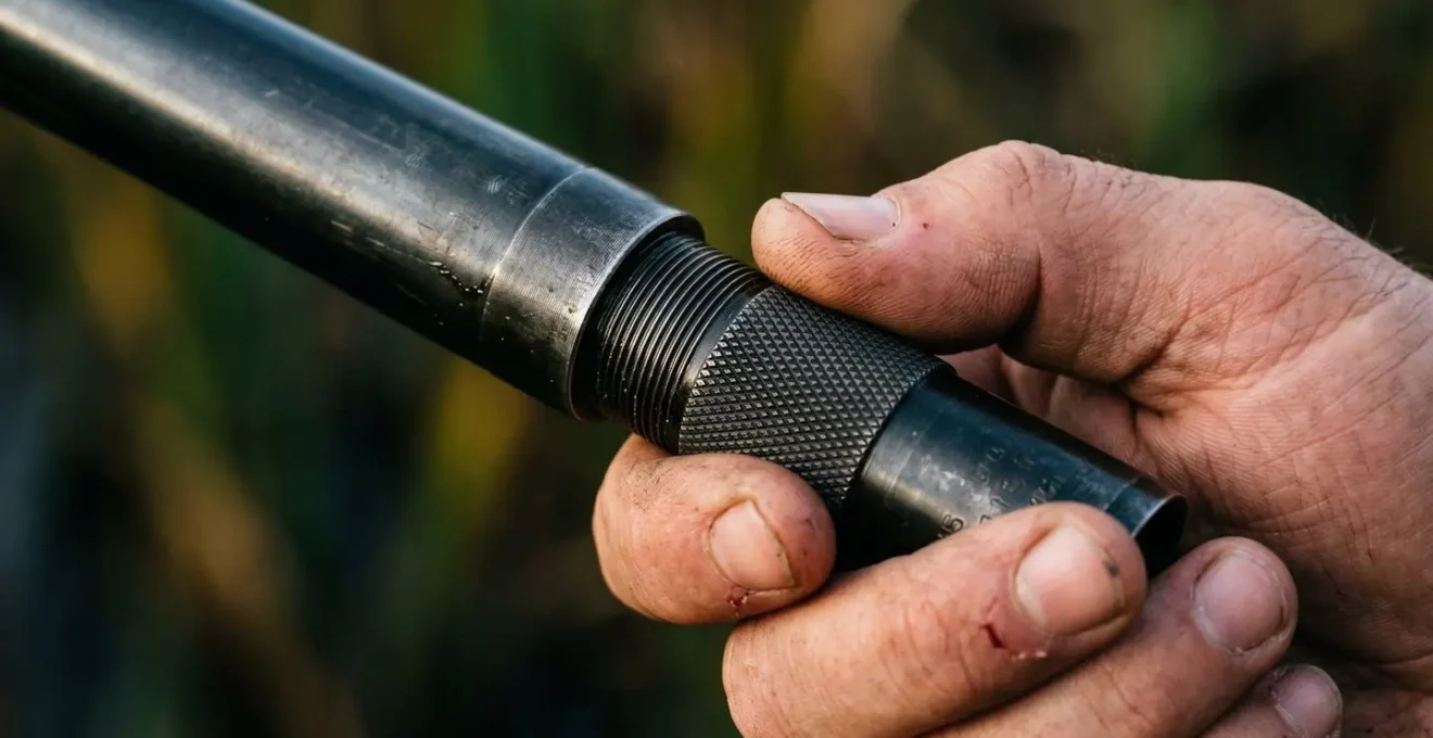 Gros plan sur une main ajustant un choke interchangeable externe sur un fusil semi-automatique