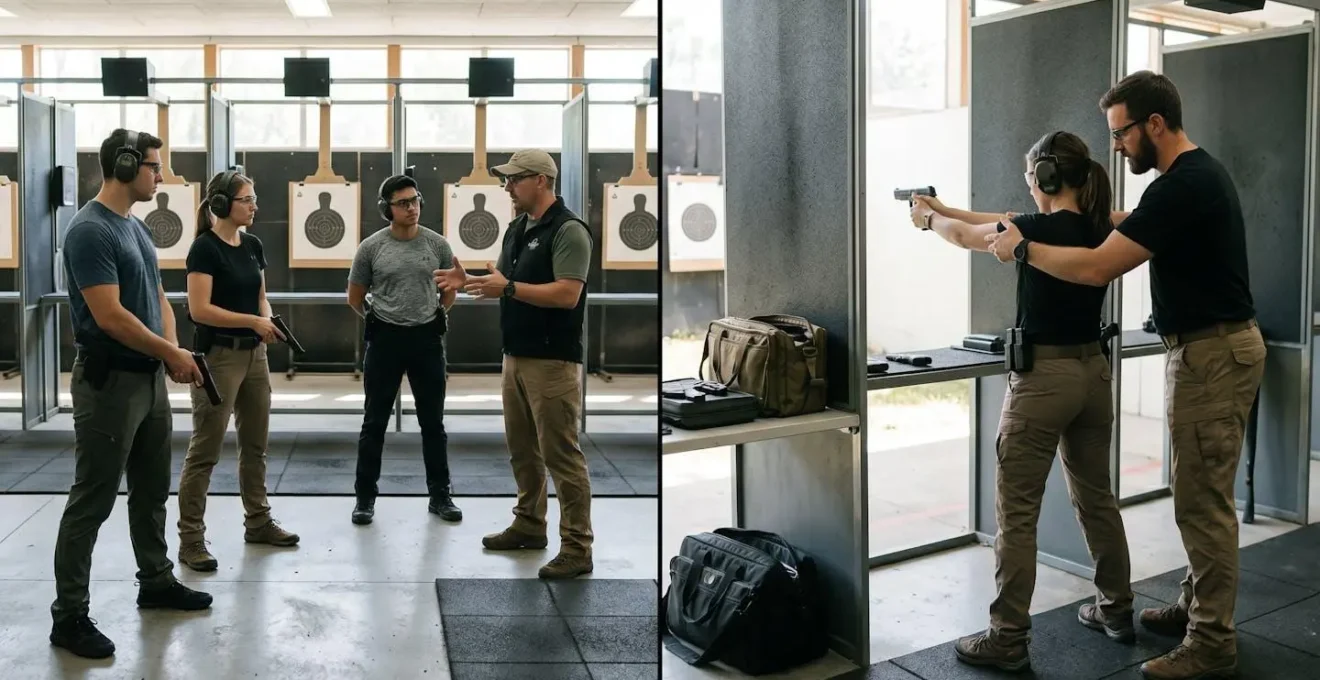 Comparaison visuelle entre un cours collectif et une séance de coaching individuel au stand de tir