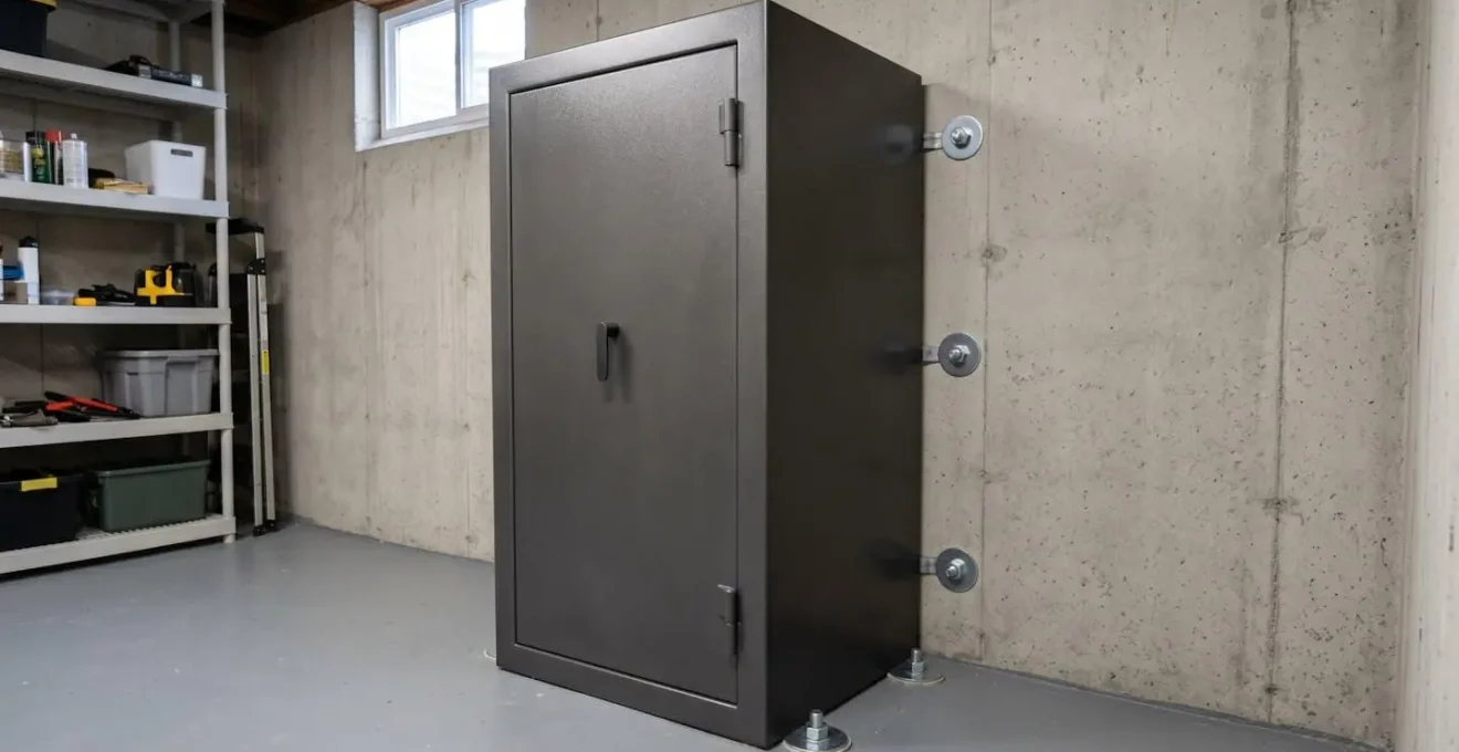 Coffre-fort pour armes scellé dans un mur avec système de verrouillage visible