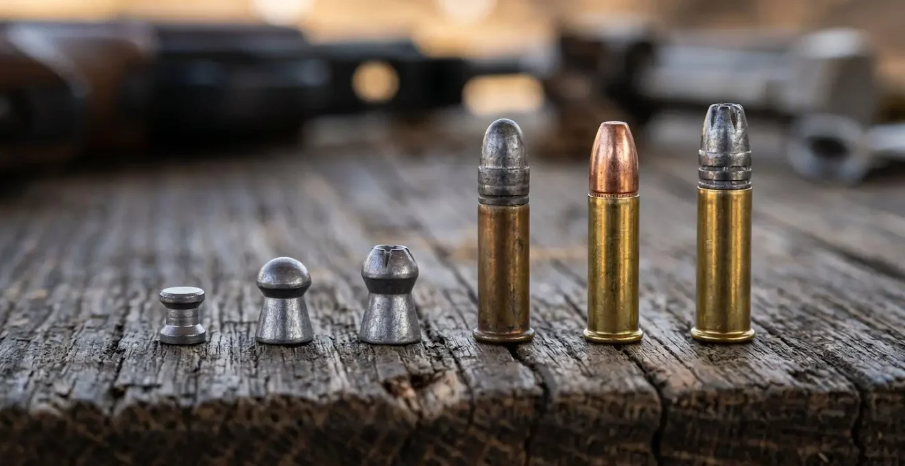 Munitions .22LR et plombs d'air comprimé disposés en progression sur une table de stand
