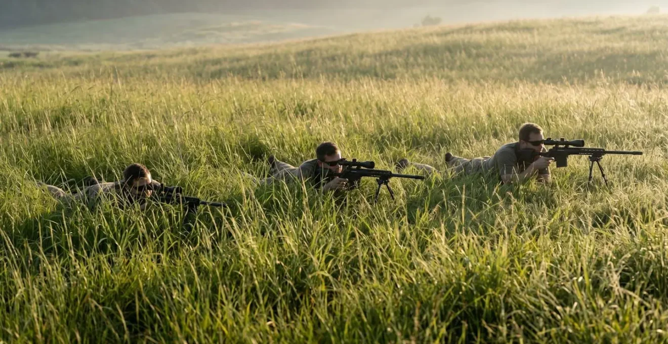 Tireur en position couchée avec différentes hauteurs de bipied dans les herbes hautes