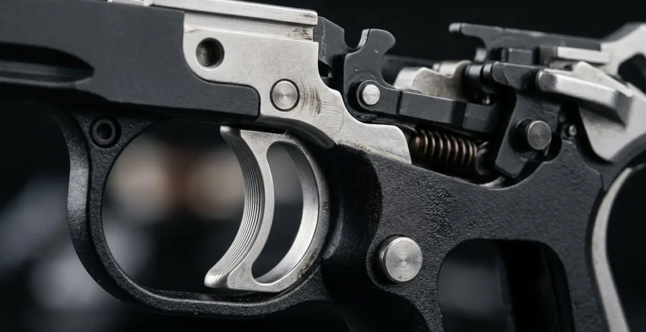 Vue macro du mécanisme de détente d'un pistolet montrant la différence striker et chien
