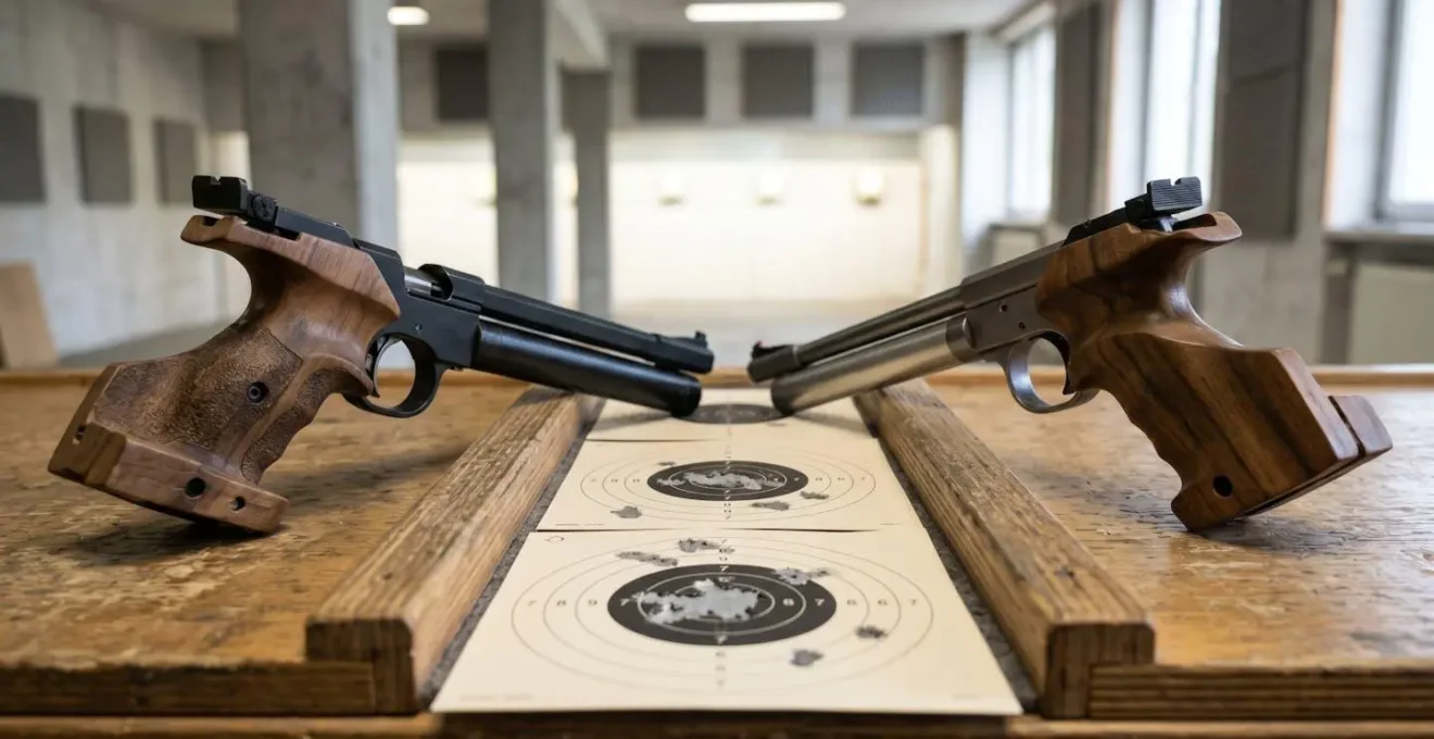 Pistolet .22LR et pistolet à air comprimé côte à côte sur pas de tir
