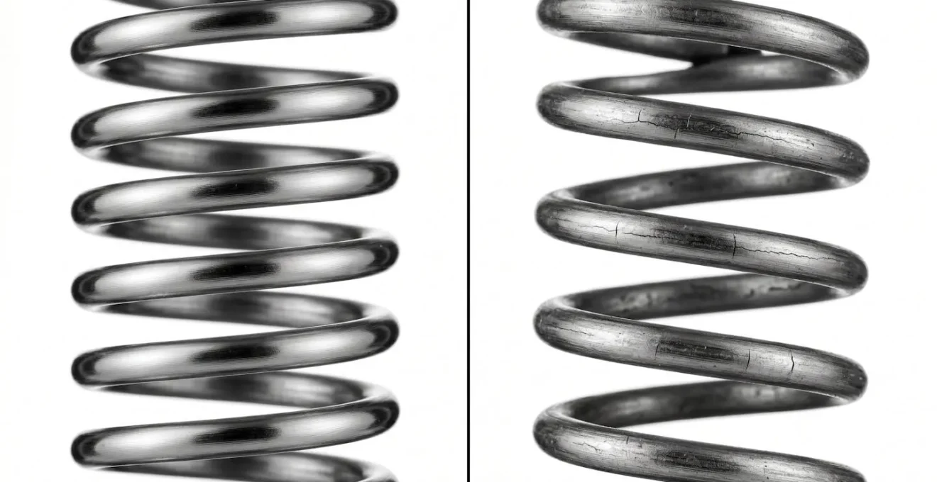 Comparaison microscopique entre un ressort neuf et un ressort usé montrant les signes de fatigue