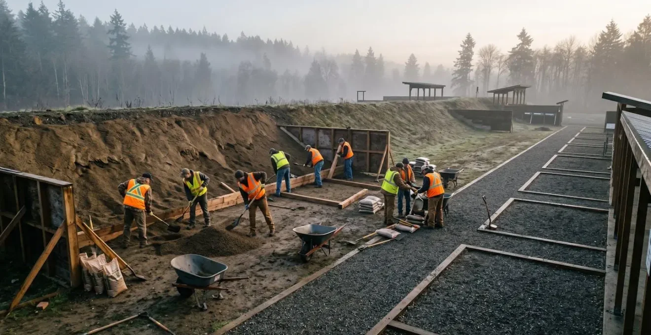 Équipe de bénévoles travaillant ensemble sur l'entretien des buttes de tir