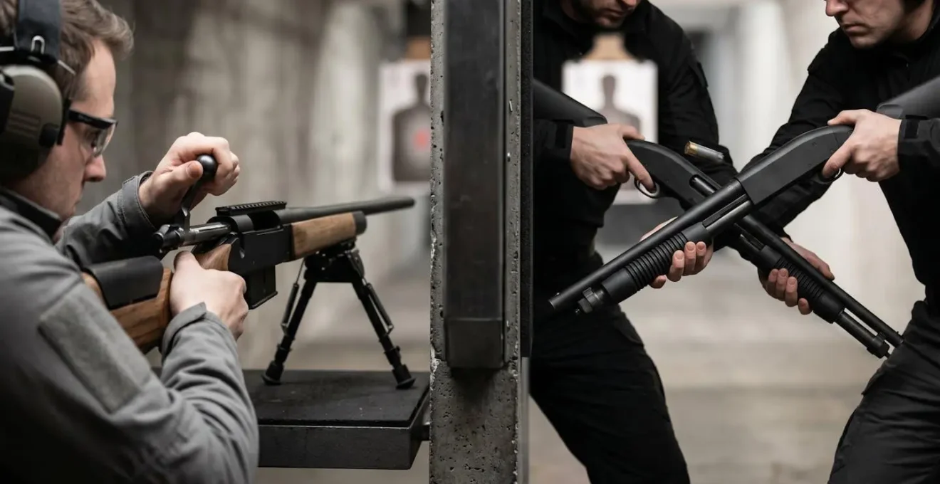 Comparaison visuelle entre une carabine à verrou et un fusil à pompe dans un contexte de stand de tir