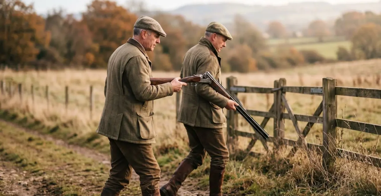 Chasseur portant un fusil superposé cassé sur l'épaule lors du franchissement d'une clôture
