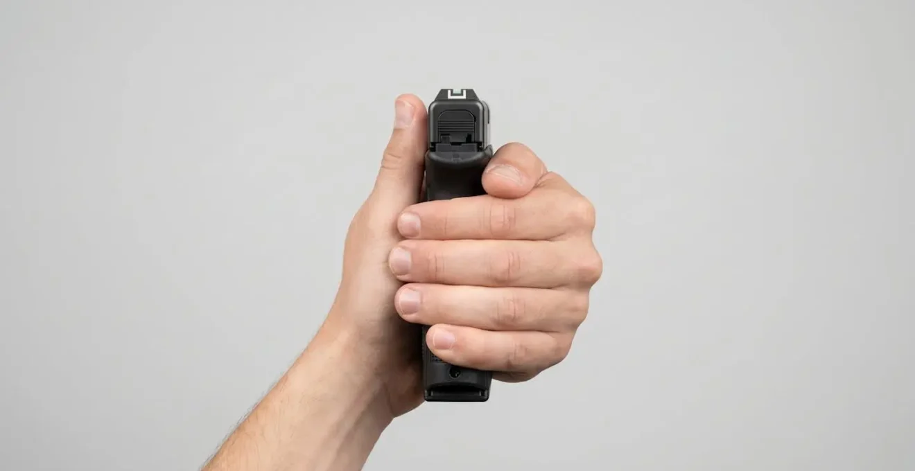 Vue détaillée du grip Thumbs Forward sur un pistolet