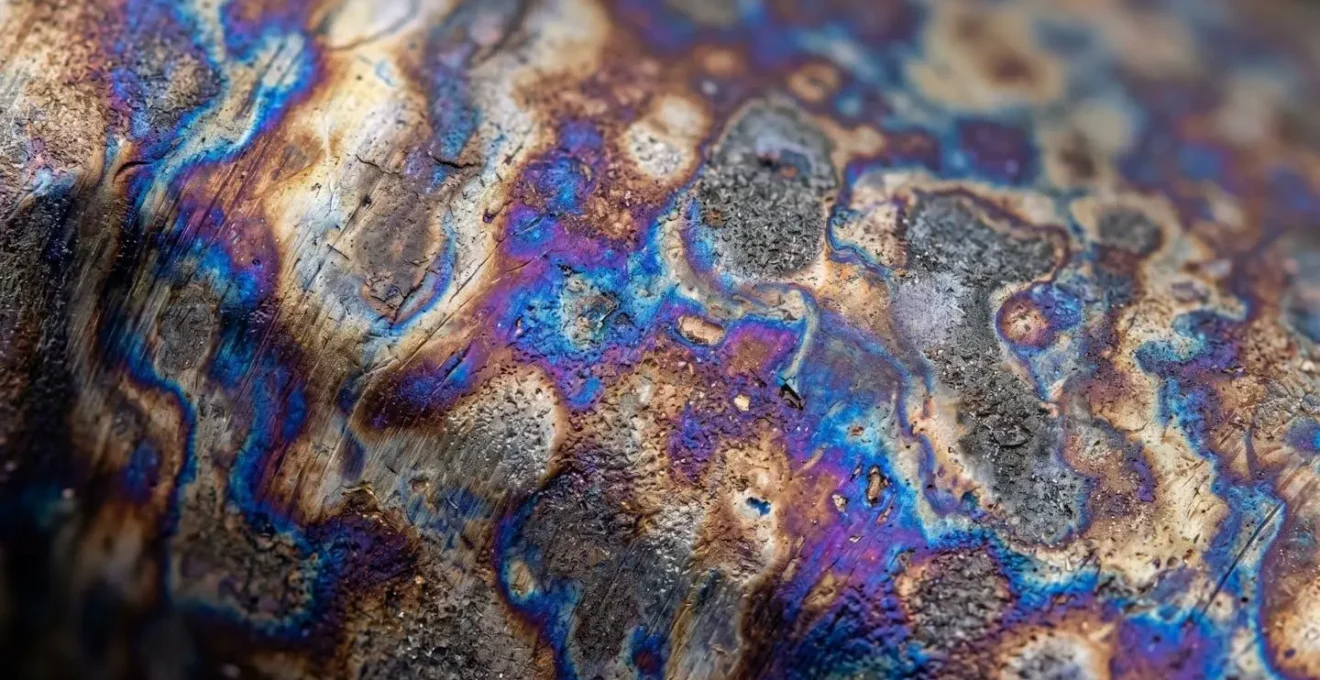 Détail macro d'une finition jaspage marbrée sur métal d'arme
