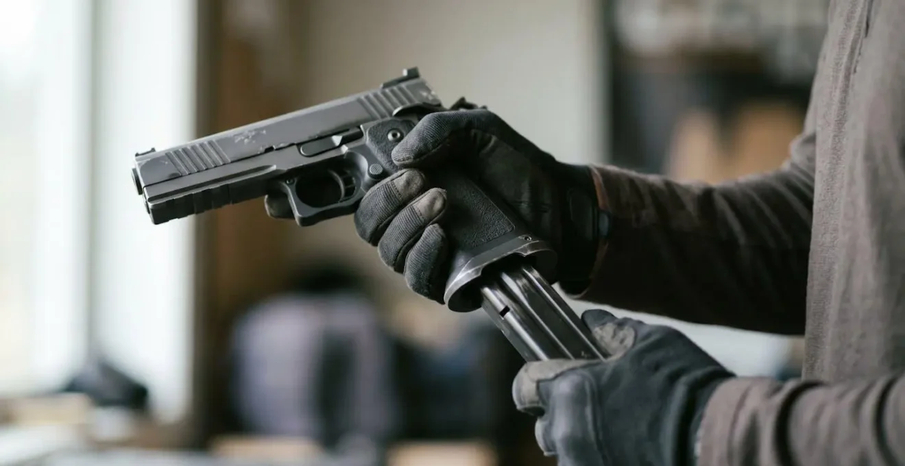 Main insérant un chargeur dans un pistolet équipé d'un magwell élargi