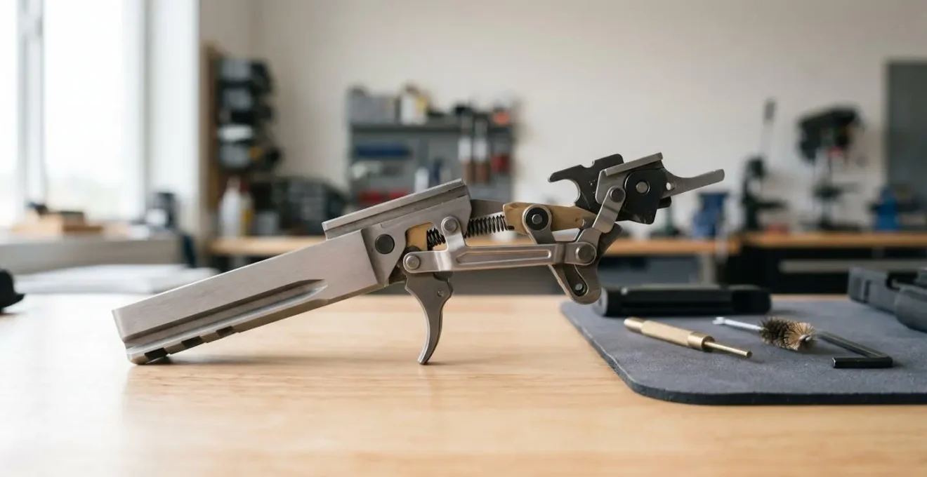 Vue latérale détaillée du mécanisme de détente d'un pistolet montrant la position de reset