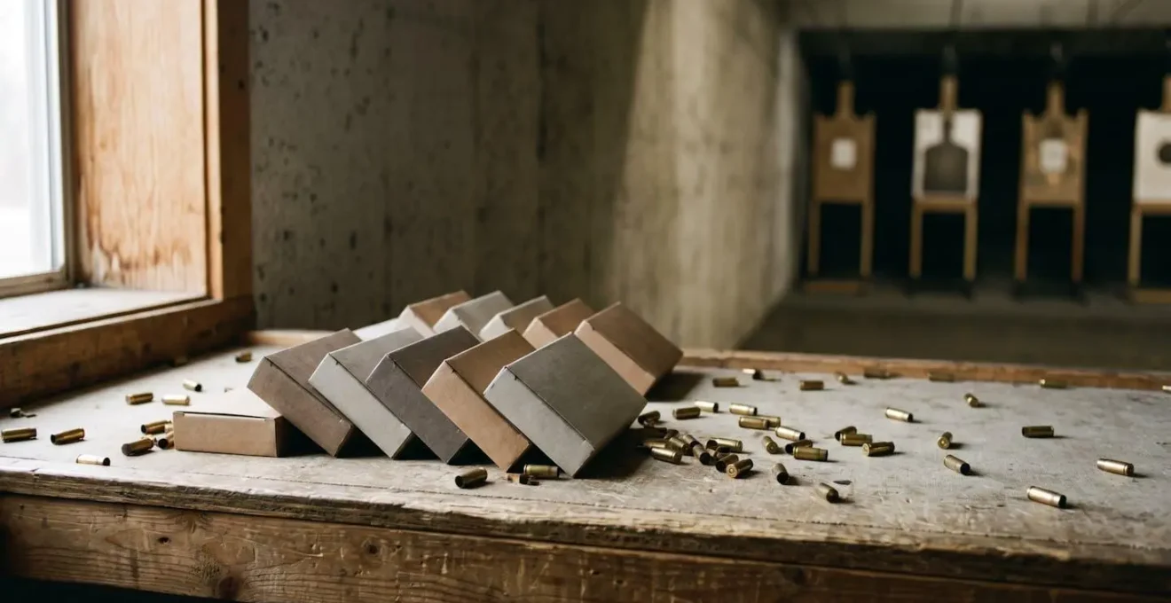 Boîtes de munitions .308 Winchester alignées sur un pas de tir