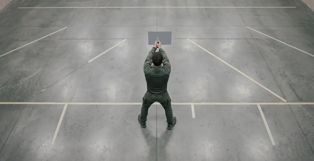Vue aérienne d'un tireur en position neutre montrant l'alignement des pieds et l'empilement osseux pour une stabilité optimale