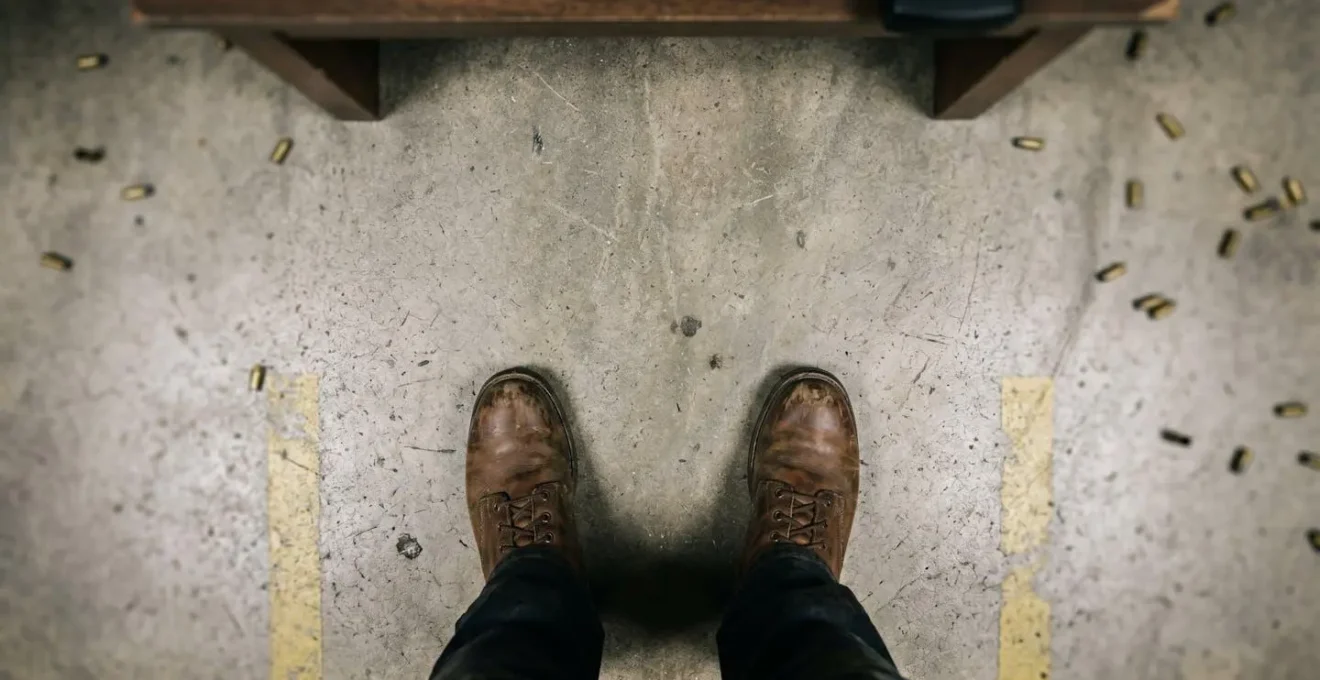 Vue de dessus des pieds d'un tireur en position stable sur le pas de tir