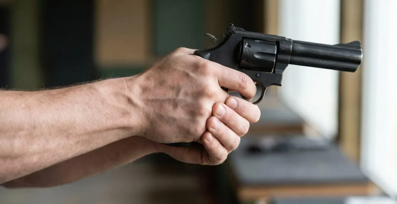 Démonstration de la prise en main correcte d'un revolver montrant la position sécuritaire des pouces