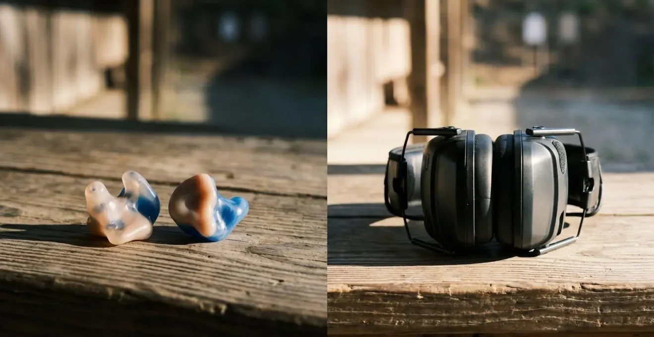 Comparaison visuelle entre bouchons moulés et casque antibruit électronique sur une table de stand de tir