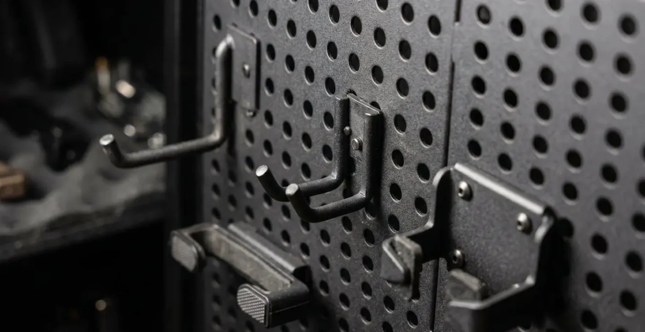 Vue macro de l'intérieur d'une armoire forte avec système de rangement modulaire et panneaux perforés