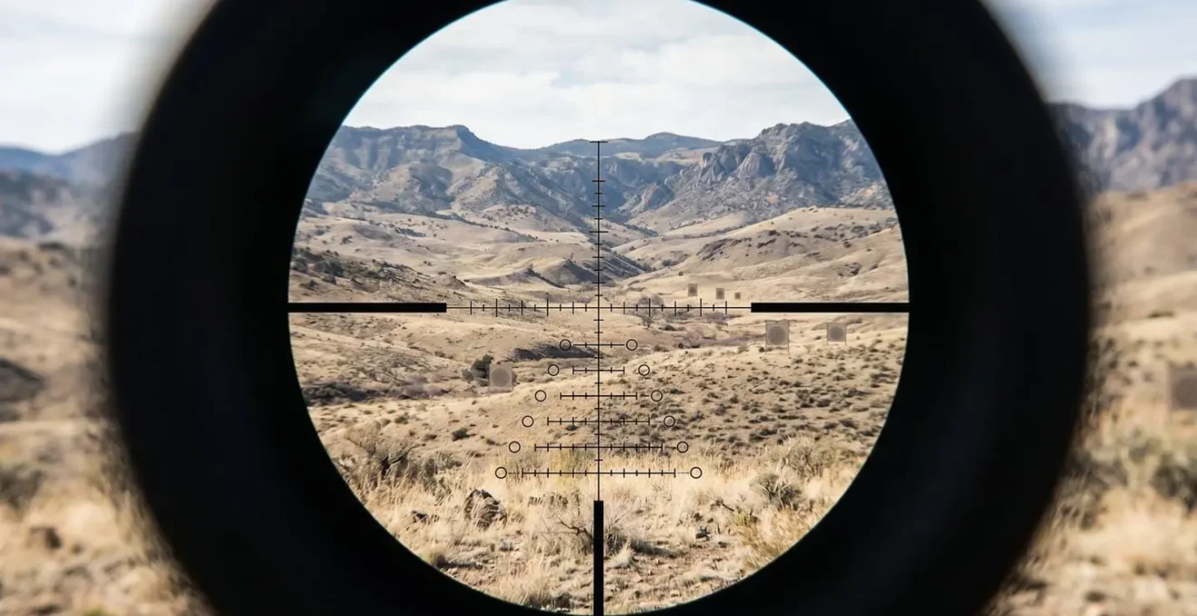 Vue à travers une lunette montrant un réticule gradué avec points de visée pour différentes distances
