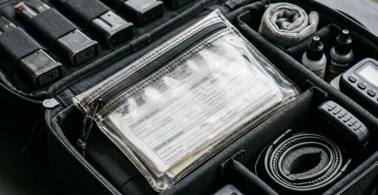 Sac de tir ouvert montrant une organisation méthodique avec pochette transparente pour documents