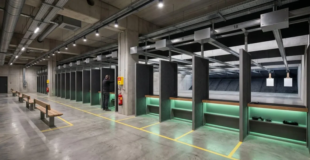 Stand de tir intérieur montrant les zones d'utilisation autorisées et interdites pour les lampes tactiques