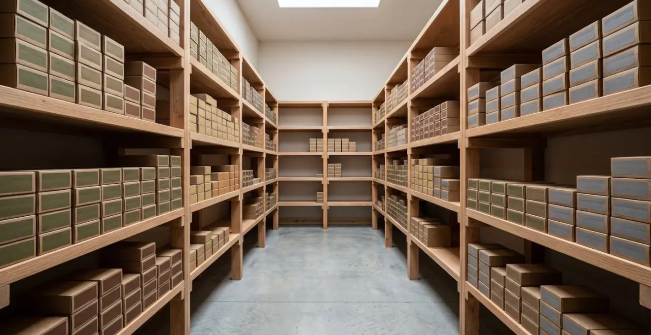 Vue d'ensemble d'un stock de munitions organisé dans une armurerie avec système de rangement professionnel