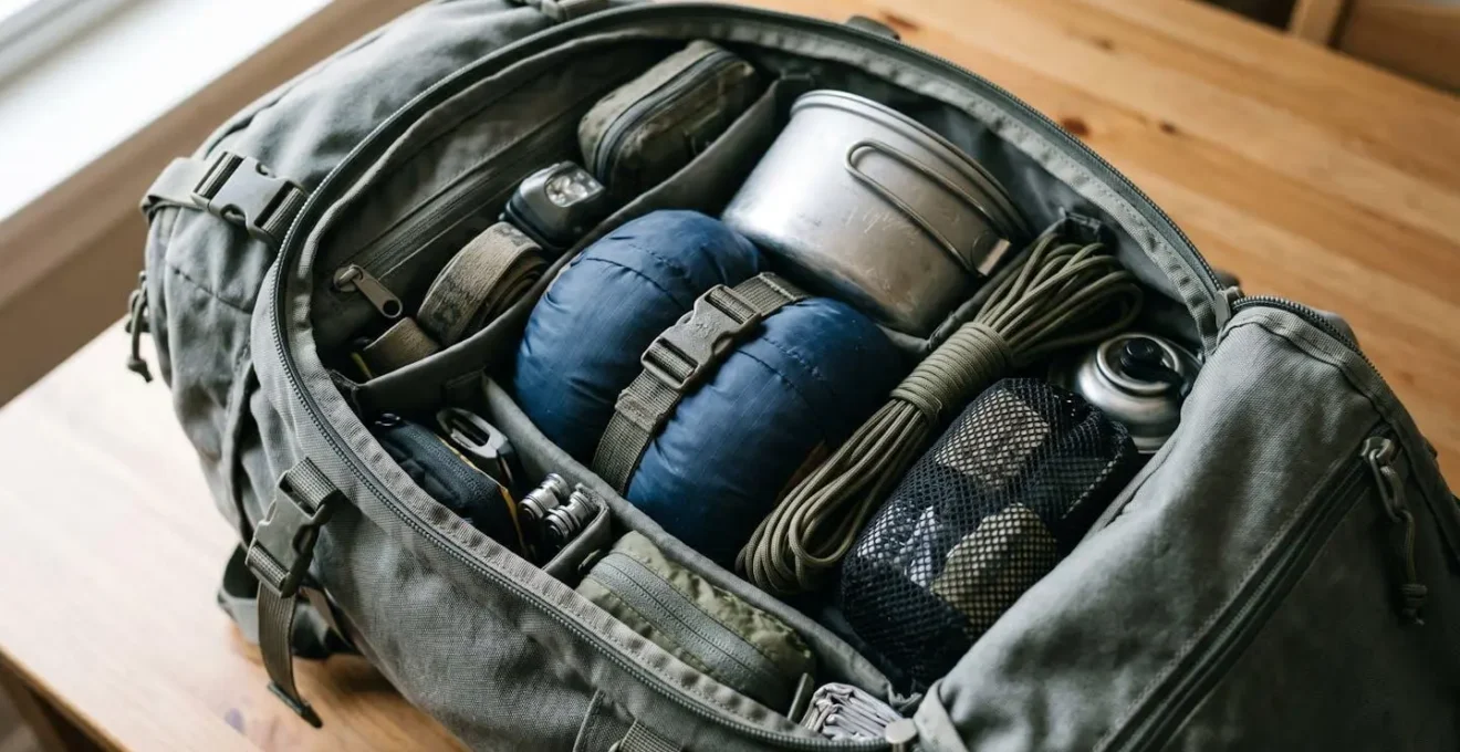 Sac à dos de randonnée ouvert montrant l'organisation interne avec équipement de survie
