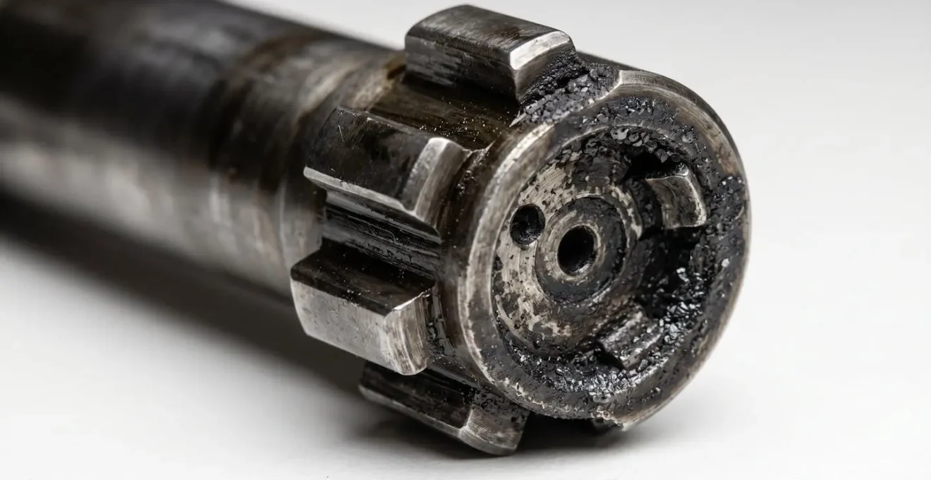 Gros plan sur les zones d'encrassement carbone de la culasse d'une arme à feu