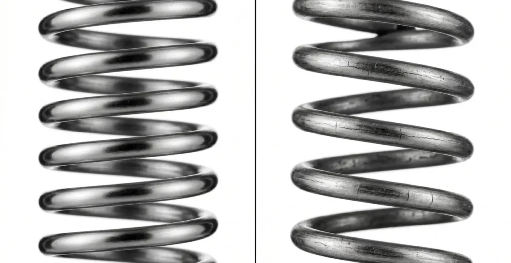 Comparaison microscopique entre un ressort neuf et un ressort usé montrant les signes de fatigue Comparaison microscopique entre un ressort neuf et un ressort usé montrant les signes de fatigue